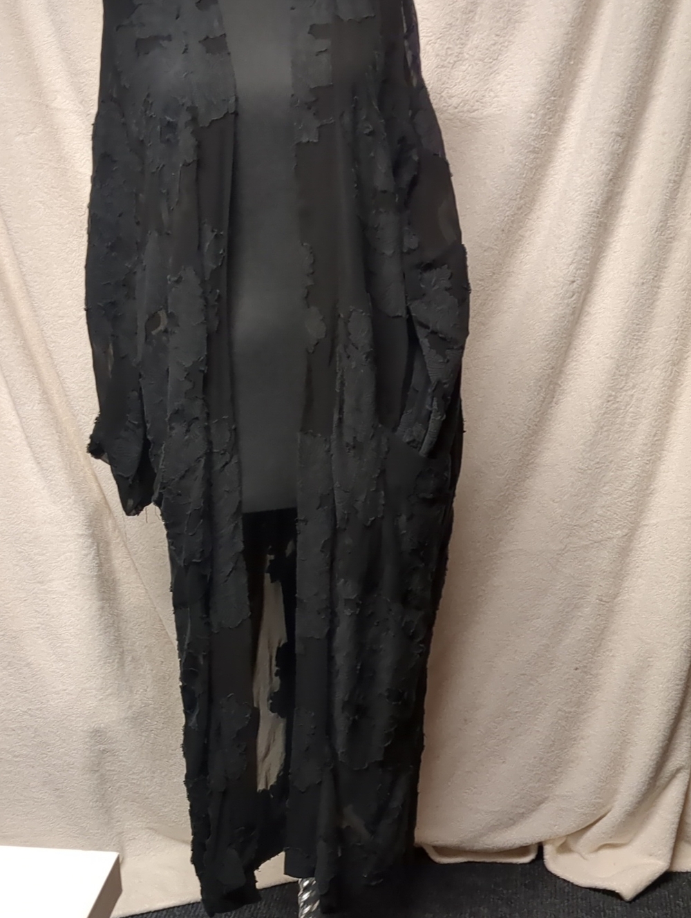 Long Black Textured Open Duster Cardigan